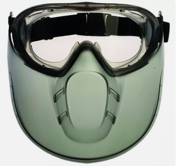 Protection bas de visage relevable, large bandeau ajustable, 3 canaux de ventilation indirecte.